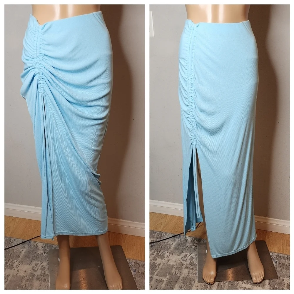 Princess Polly Blue Ribbed Jersey‎ Knit Pull On ruched slit maxi skirt 12